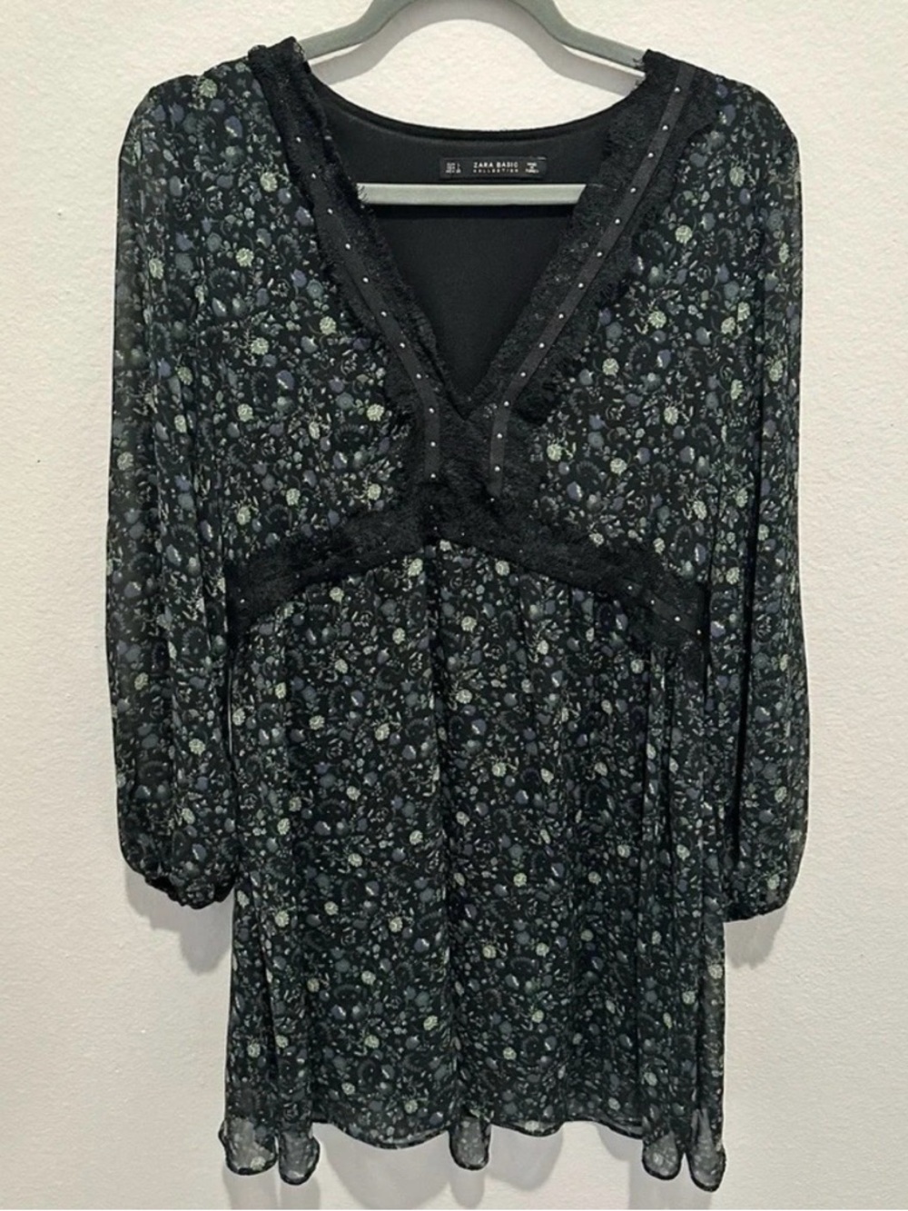 Zara Dark Floral Babydoll Mini Dress Sheer Long Sleeves Fairy Whimsigoth Large - Picture 2 of 10